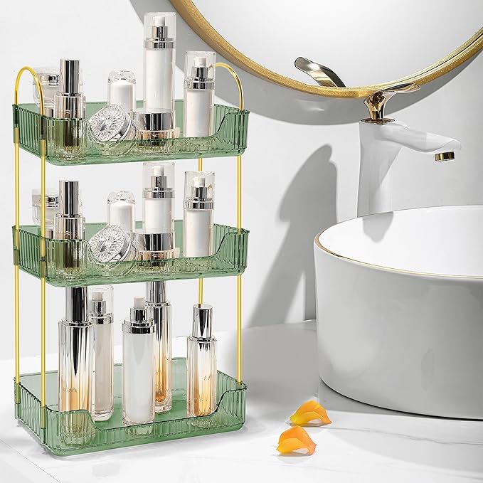 Bathroom Counter Organizer Countertop Storage Skincare Countertop Makeup Organizer Cosmetics Skincare Organizers Holder for Perfume-Green-Golden Pole-3 Tier