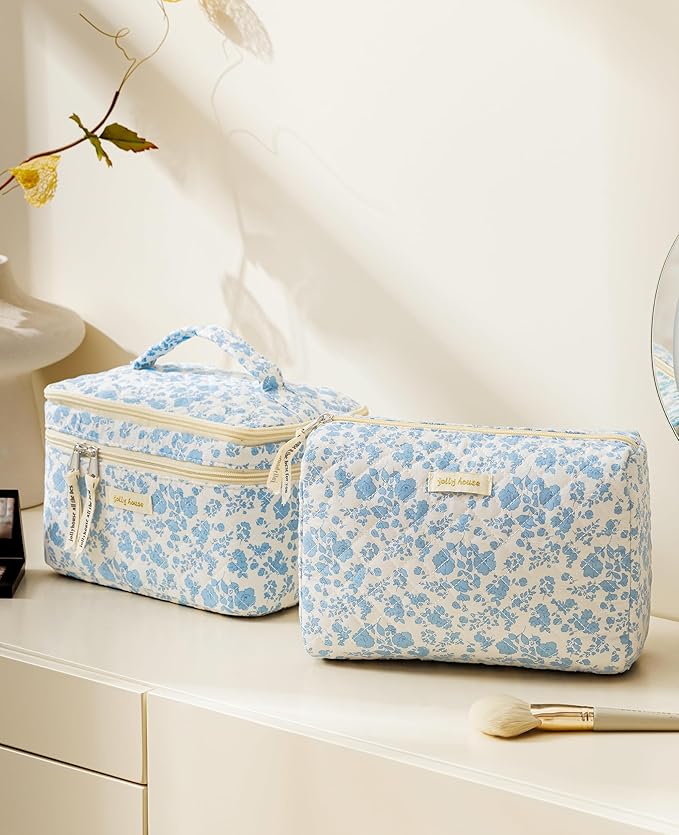 HBselect 2Pcs Travel Makeup Bag, Large Cotton Quilted Makeup Bag Cosmetic Bag Cute Make up Bag Toiletry Bags for Women Girls