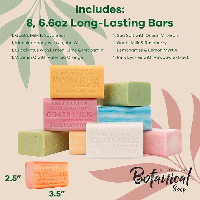 Australian Botanical Soap, 6.6 OZ, Triple Milled Bars made with Pure Plant Oil, a Natural Soap Base and Enriched with Organic Shea Butter, for Men, Women and All Skin Types, Variety Pack of 8