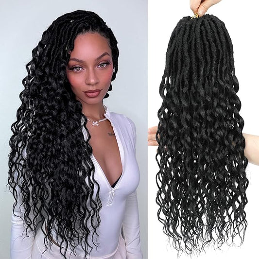 24 Inch Deep Faux Locs Crochet Hair Goddess Locs Crochet Hair for Women Faux Locs Crochet with Curly Ends Pre Looped Deep Wave Soft Locs Synthetic Hair Extension 8 Packs Black Color