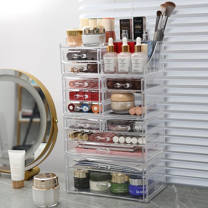 Cq acrylic 4 Pack Clear Makeup Organizer for Counter,13 Drawers Stackable Skincare Organizer,Large Cosmetic Storage Organizer for Jewelry,Hair Accessory,Beauty,Skin Care,Vanity Organizers and Storage