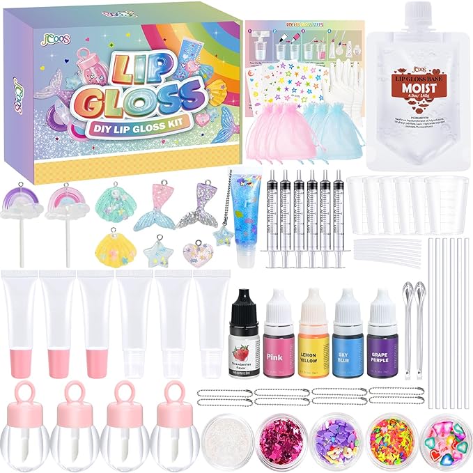 Jcoos Lip Gloss Making Kit - 73PCS Keychain DIY Lip Gloss, Shimmery Moisturizing Lip Glaze Handmade Set, Fun Craft Kit for Beginner, Women, Kids, Tween, Preteen, Teens Girl Gifts Trendy Stuff