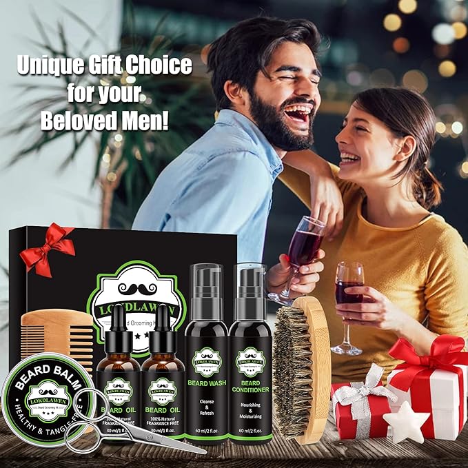 Beard Kit for Men with Beard Wash, Beard Conditioner, Beard Oil, Beard Balm, Brush, Comb, Scissors, Storage Bag, Gifts for Men Dad Husband Boyfriend