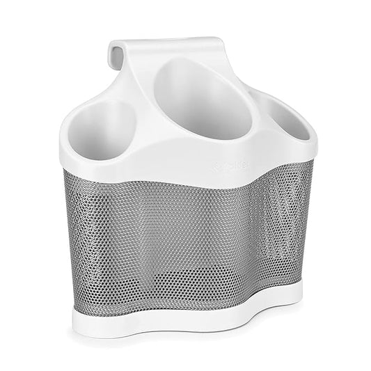 Polder Style Station, Tool Organizer for Hair Dryer, Curling Iron, and Straightener, Easy-to-Store Hair Styling Station, White and Silver