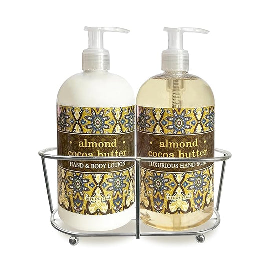 Three Piece Set: Hand & Body Lotion and Hand Soap Duo Set Enriched With Shea Butter 16 oz ea. in a Chrome Caddy Collection (Almond Cocoa Butter)