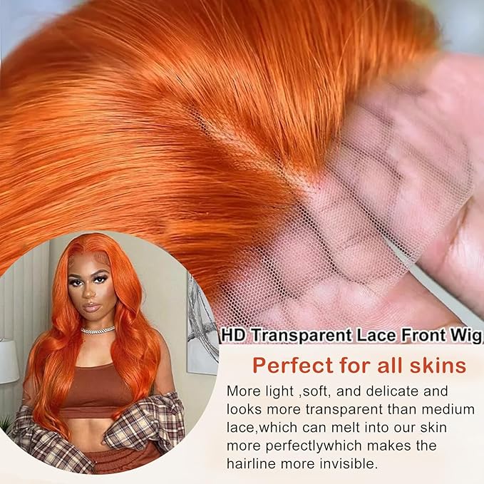 30 Inch Ginger Orange Lace Front Wigs Human Hair Body Wave 13x6 HD Lace Frontal Ginger Wig Human Hair 180 Density Transparent 350 Colored Human Hair Wigs for Women Pre Plucked With Baby hair