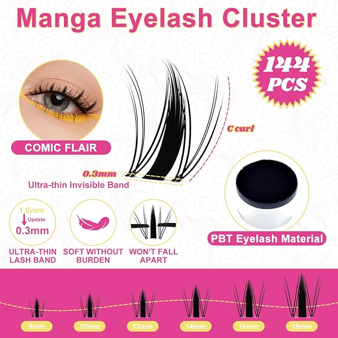Manga Lash Clusters Kit 8-18mm Fairy Eyelash Clusters DIY Lash Extension Kit Waterproof Anime Lashes Ultra-Thin Invisible Band 0.3mm Individual Cluster Eyelash Extensions, Wanna Be-Kit