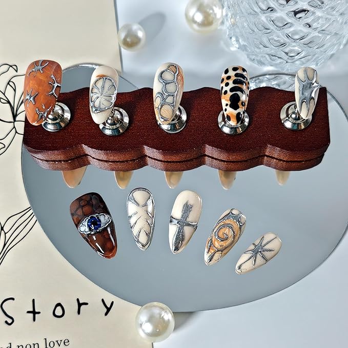 Almond Press on Nails Handmade Medium Long/Stiletto 3D Flower Fake Nail with Designs, Women Reusable False Nails (Brown Beige, S)