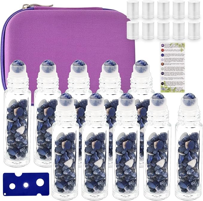 Essential Oil Roller Bottle 10ml w EVA Carrying Travel Case（Clear Glass Bottle with silver Cap、10pack、Gemstone Roller Balls、Crystal Chips Inside、Opener Gemstone Roller Ball Bottles