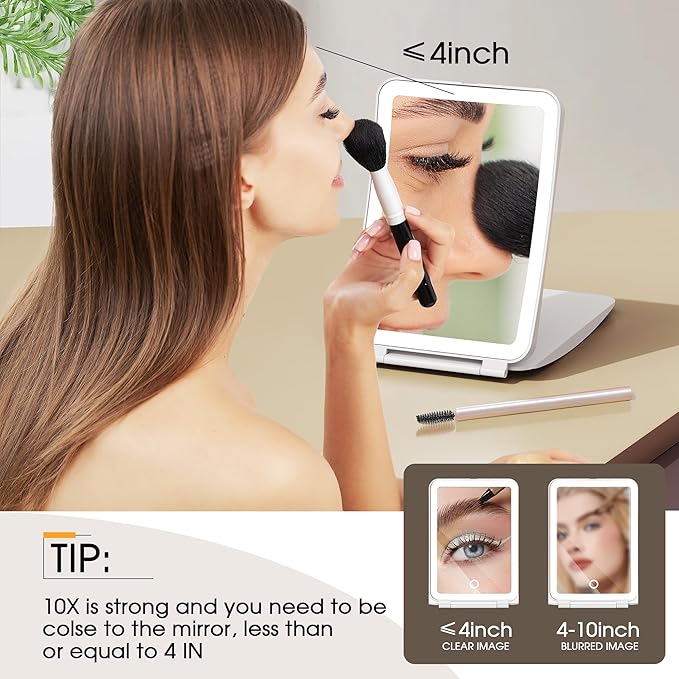 10X/1X Magnification Lighted Makeup Mirror with Lights, Rechargeable Magnifying Mirror with 80LED&2000mAh Battery, Portable Travel Vanity Mirror with 3 Colors Dimmable Lighting, Travel Essentials