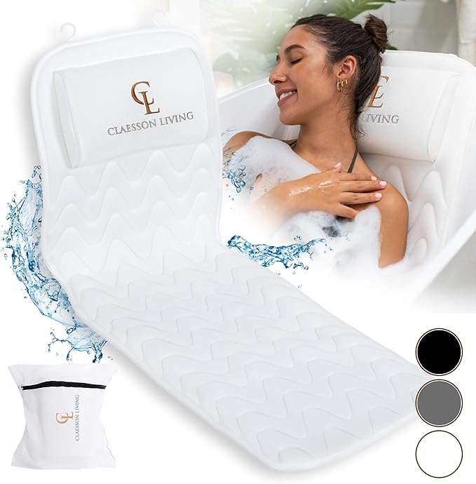Full Body Bath Pillow (17'' x 49'') - Bathtub Cushion with Headrest Supports Neck, Back and Legs - Free Hanging Hooks for Fast Drying Over Tub - Includes Washing and Travel Bags - White