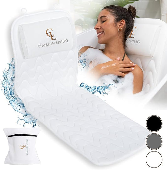 Full Body Bath Pillow (17'' x 49'') - Bathtub Cushion with Headrest Supports Neck, Back and Legs - Free Hanging Hooks for Fast Drying Over Tub - Includes Washing and Travel Bags - White