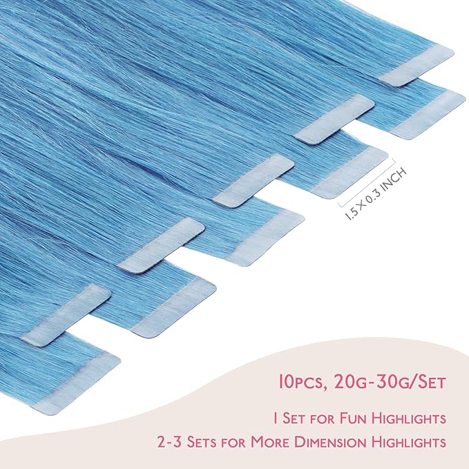 WENNALIFE Tape in Hair Extensions Human Hair Turquoise Tape in Extensions, 10pcs 25g 18 inch Remy Invisible Tape Ins Straight Colored Soft Real Human Hair Tape in Extensions Refill Set Extensions