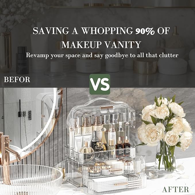 LINFIDITE Cosmetics Storage Box Transparent Lid Large Makeup Organizer Box Drawers Portable Handle Waterproof Dustproof Skincare Display Cases for Countertop, Bathroom, Dresser,Gift Clear