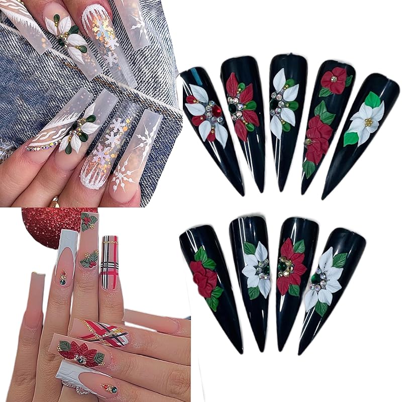 Set 24Pcs 3D Acrylic Christmas Flowers Nail Art Charms Handmade by Acrylic Powder - HaFlona Flower Nails, Nail Salon Deco For Women (Chirstmas Flower 24#)
