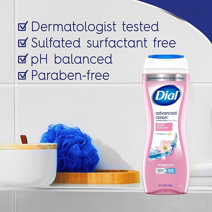 Dial Body Wash, 6 Pack, Apple Blossom Scent, Hydrating and Moisturizing Deep Cleaning Women's Body Wash with Vitamin E for Dry Skin, 16 oz. Each