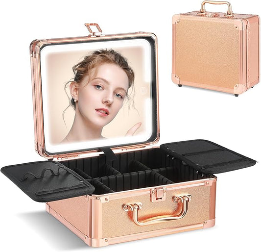 Leeora&Leekoo Makeup Box with LED Mirror & Aluminum Frame, Compact Multi-Layer Cosmetic Organizer - Portable ABS Travel Train Case for Makeup Storage(Gift for Girlfriend/Daughter) (Gold)