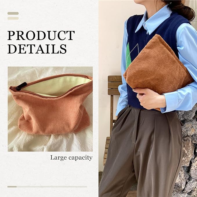 9-Piece 10x7 Corduroy Cosmetic Organizer Set - Zippered Travel Toiletry Bags with Aesthetic Design, Large Capacity Makeup Storage for Women (9 Colors)