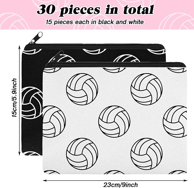 Irenare 30 Pcs Volleyball Cosmetic Bag Gifts for Women Stuff Volleyball Players Teams Travel Pouch Canvas Makeup Bags for Team Gifts(Black, White,Volleyball)