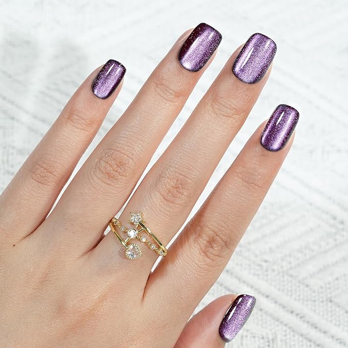 Cat Eye Press on Nails Kit- Milky Way Galaxy, Jofay Fashion Square Short Salon-Like Fake Nails with Deep Purple Glitter, Acrylic False Nails Reusable Full Cover Stick on Fake Nails for Women, 32 Sizes