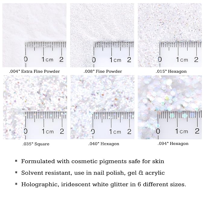 (6PK) - Iridescent White Glitter Kit -6 Different Holographic Loose Glitter Sizes, Fine Powder, Hexagons & Square Glitter - Solvent Resistant & Cosmetic Grade for Nails & Skin - (60 Grams)