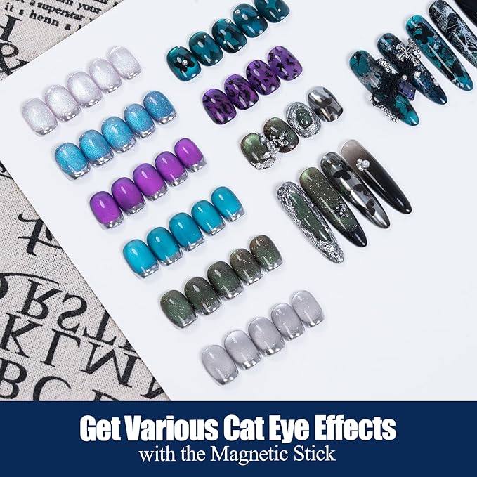 Adhere 6Pcs 12ML Cat Eye Soak Off UV LED Gel Nail Polish Set, Colorful Light Ultrafine Magnetic Powder Blue Purple White Green Silver Cat Eye with Magnet