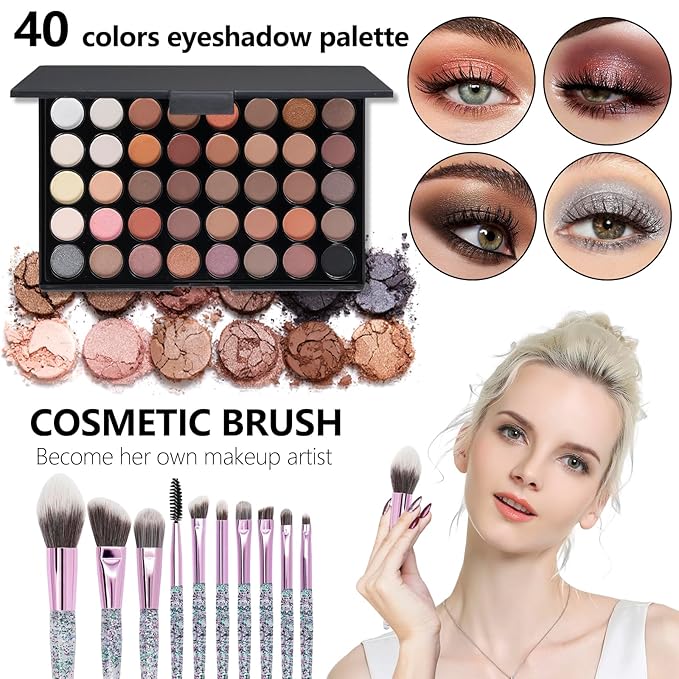 Makeup Kit For Girls,Full Makeup Set For Wonmen Includes 40 Colors Eyeshadow Palette Lip Gloss Liquid Lipstick Make up Sponge Brushes Eyebrow Concealer With Makeup Bag