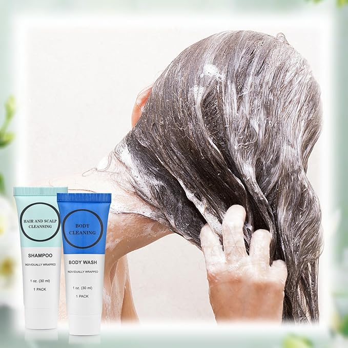 Travel Size Shampoo and Body Wash Bulk, Individually Wrapped Hotel Mini Shower Gel and Small Men Women Cleansing Toiletries Amenities for Hotel/Vacation/Homeless 1 oz (3.7inch, Count, 60)