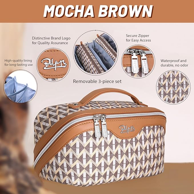 BOYATU Travel Makeup Bags for Women: Large Capacity Cosmetic Bag Set of 3 - Vegan Leather Make up Bags with Compartments - Wide Open Waterproof Toiletry Organizer Bag with Handle (E-05-Brown)