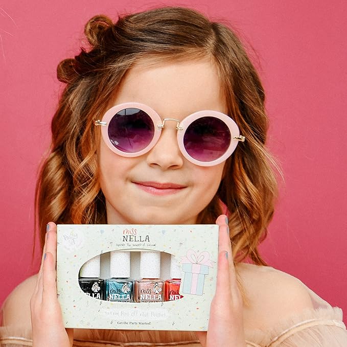 Miss Nella PARTY COLLECTION Glitter Nail Polish for kids, set of 4: black, clear, blue & coral Peel-off varnish for toddlers