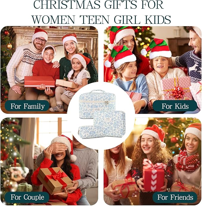 Makeup Bag, 3 PCS Quilted Makeup Bag, Cute Floral Cotton Cosmetic Bag set, Coquette Makeup Pouch Large Travel Toiletry Bag