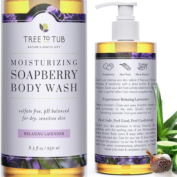 Tree to Tub Lavender Body Wash for Sensitive Skin & Dry Skin - pH Balanced Moisturizing Body Wash, Hydrating Sulfate Free Vegan Body Soap for Women & Men w/Organic Shea Butter, All Natural Aloe Vera