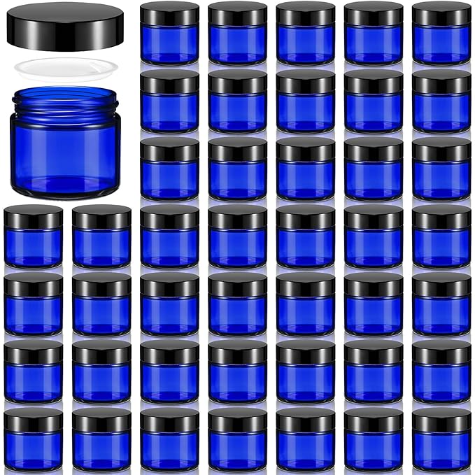 Domensi 48 Pcs 2 oz Glass Jars with Lids Travel Size Round Leakproof Empty Cosmetic Jars with Inner Liners Lid for Storing Makeup Lotions Face Cream Ointments Candle DIY Making (Cobalt Blue)