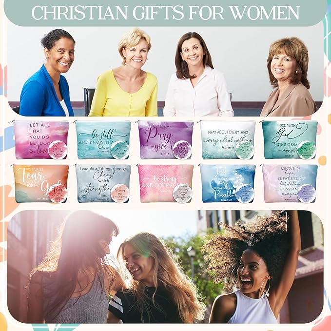 Reginary 20 Sets Christian Gifts for Women Include 20 Religious Canvas Makeup Bags with 20 Bible Verse Compact Mirrors Mother's Day Inspirational Birthday Gift for Mom (Watercolor,Classic Style)