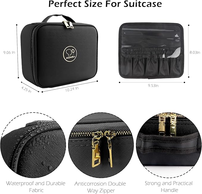 MOMIRA Travel Makeup Bag Cosmetic Bag Makeup Organizer Bag with Lighted Mirror, Adjustable Brightness in 3 Color Scenarios, Waterproof Makeup Train Case, Gift for Women - Black