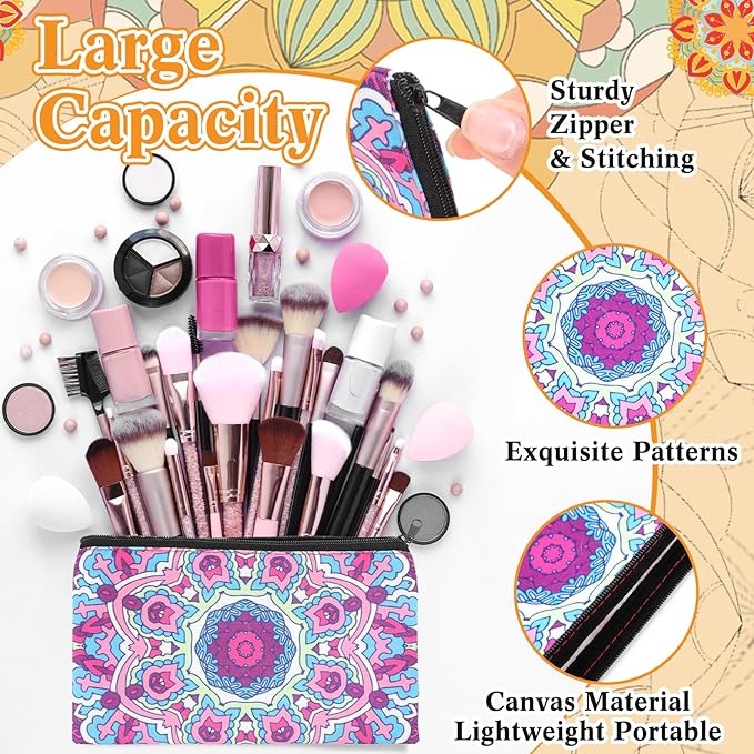 24 Pieces Makeup Bags Bulk Canvas Cosmetic Bags Purse Organizer Zipper Cosmetic Pouch Portable Travel Toiletry Pouch for Women Men Gifts, 7 x 4 Inch (Mandala)