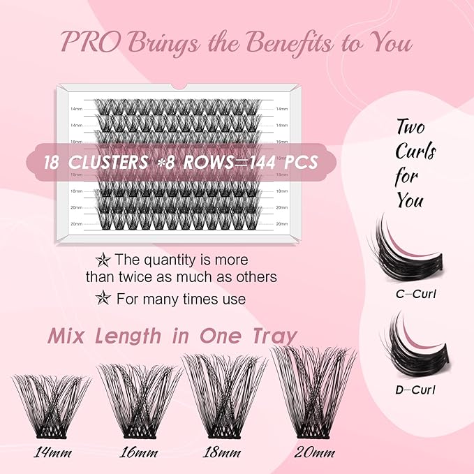 Lash Clusters, 96 Pcs Individual Cluster Lashes DIY Lash Extension Eyelash Clusters Volume Wispy Lashes Super Thin Band Reusable Soft & Comfortable(Into You-01-D-20 mm)
