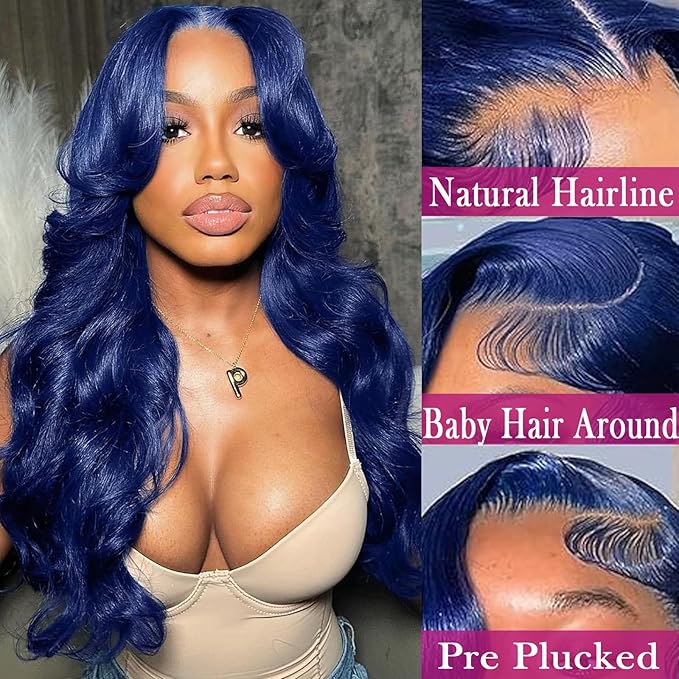 30 Inch Royal Blue Lace Front Wigs Human Hair 13x6 Lace Front Wigs Dark Blue Body Wave Human Hair Lace Front Wigs Pre Plucked with Baby Hair Dark Blue Colored Glueless Human Hair 200% Density