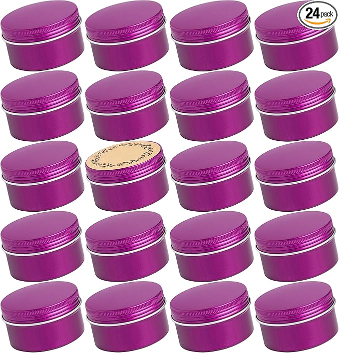 24 Pack 4oz Screw Top Aluminum Tin Jars with Screw Lids and Blank Labels - Refillable 120ml Metal Containers for Lip Balms, Candles, Salves, Spices, Crafts (Purple)