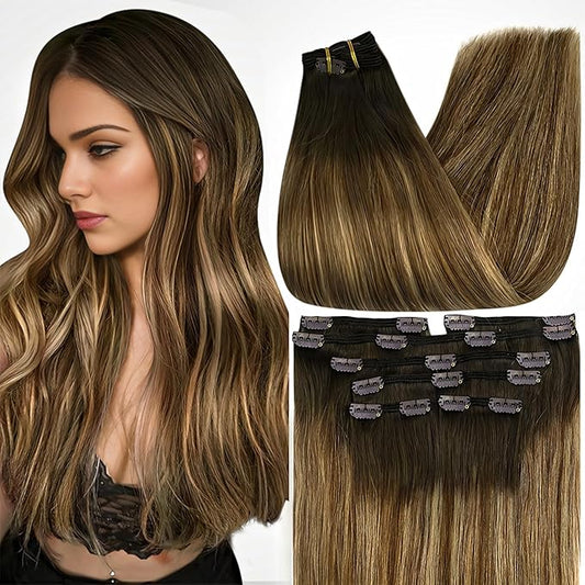 Full Shine 18 Inch Hair Extensions Real Human Hair Clip ins Dark Brown Ombre Brown Mix Caramel Blonde Seamless Hair Extensions Double Weft Clip ins 7 Pcs 120 G