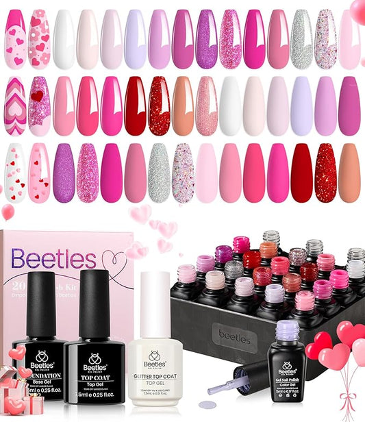 beetles Pink Gel Polish Set 20 Colors Hot Pink Alluring Sweetie Collection Nude Purple Glitter Red Uv Gel Manicure Kit with Base Glossy and Glitter Top Coat Gifts for Women