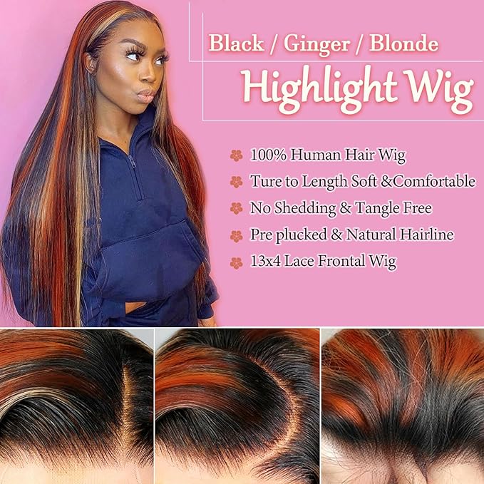 1B/Ginger and Blonde Skunk Stripe Straight Wigs Human Hair 13x4 Ginger Orange Blonde Highlight Lace Front Human Hair Colored Wig Glueless Pre Plucked With Baby Hair 180 Density 26 Inch for Women