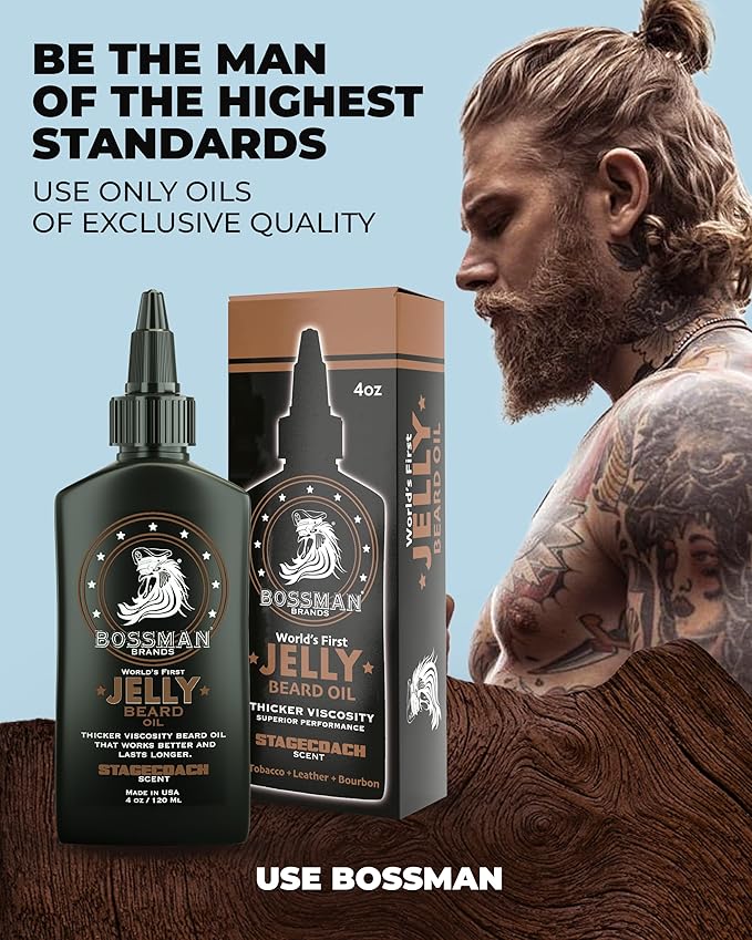 Bossman Jelly Beard Oil for Men (4 oz, Stagecoach Scent) – Softens, Moisturizes & Conditions with Natural Ingredients