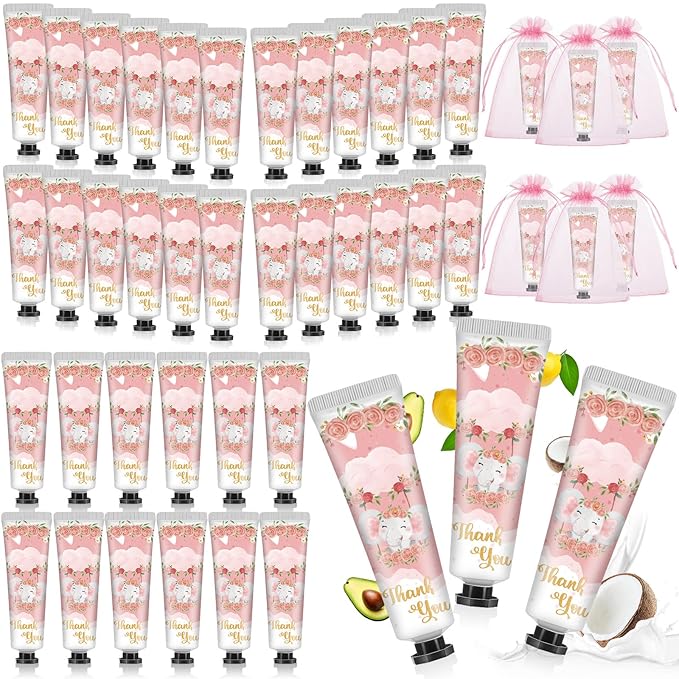 48 Sets Baby Shower Hand Cream Bulk Pink Elephant Baby Shower Favors Bridal Thank You Hand Cream for Guests Travel Size Lotion with Organza Bags