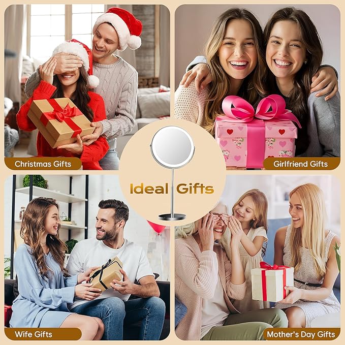 9" Makeup Mirror with Lights, 1x/20x360° Rotation Vanity Mirror, 5000mAh Rechargeable Double Sided Mirror with 3 Colors, Brightness Adjustable Lighted Makeup Mirror with Magnification, Women Gift