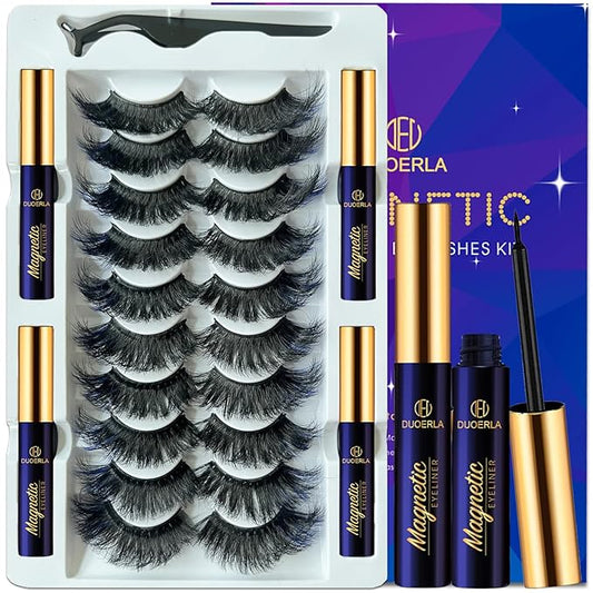 DUOERLA Magnetic Eyelashes Magnetic Lashes 3D Cat Eye Luxury Volume Curl with Eyeliner Kit,Upgraded Long Lasting,Reusable,Easy,Vegan & Cruelty Free 10 Pairs with Applicator,