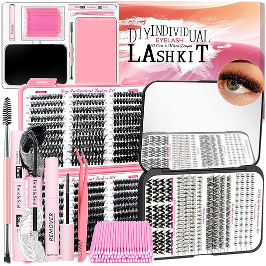 DIY Fluffy Lash Extension Kit 802Pcs D Curl 4 styles Individual Lash with Bottom Lash Clusters Lash Bond and Seal,Quick Glue Remover Tweezers Eyelash Brush Mini Applicator (LASH002)