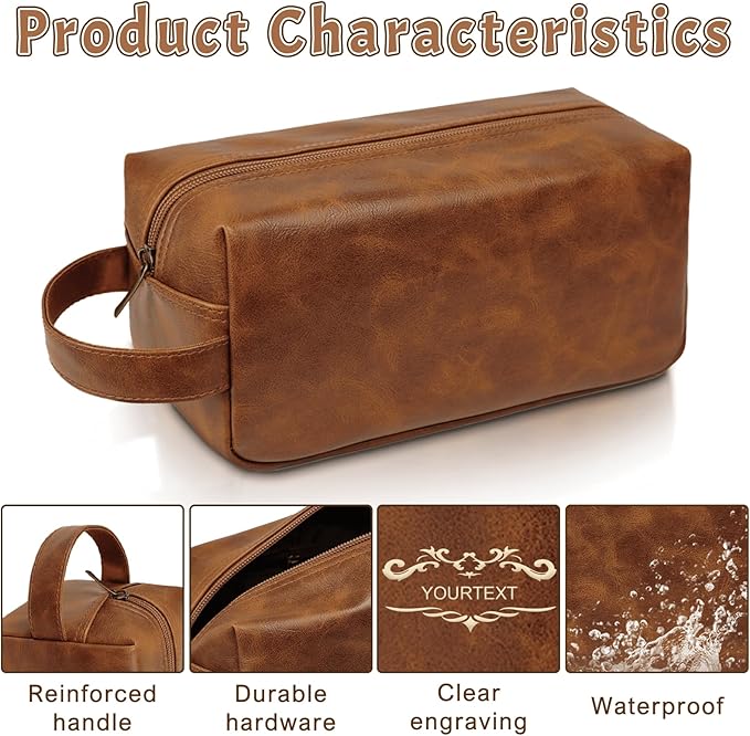 Personalized Toiletry Bag for Men - Custom Engraved Leather Travel Organizer, Waterproof Dopp Kit & Gifts for Dad, Husband, Boyfriend