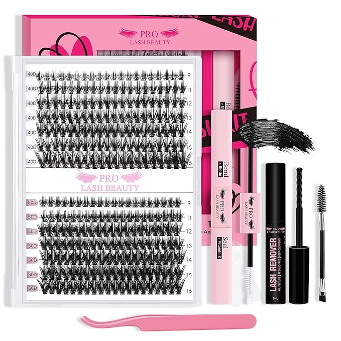 DIY Lash Extension Kit 280pcs Lash Clusters D Curl Eyelash Extension Kit Individual Lashes with Lash Bond and Seal Lash Remover Lash Applicator Easy to Apply at Home(40D+50D-9-16mix Kit)