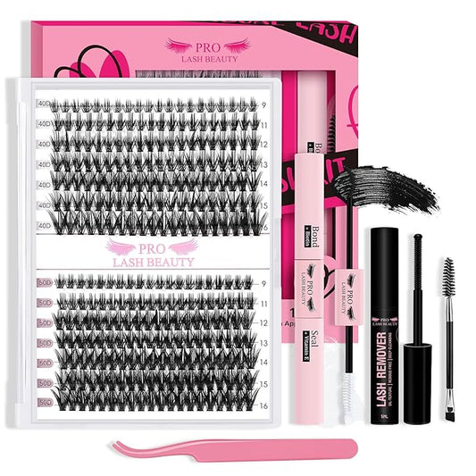 DIY Lash Extension Kit 280pcs Lash Clusters D Curl Eyelash Extension Kit Individual Lashes with Lash Bond and Seal Lash Remover Lash Applicator Easy to Apply at Home(40D+50D-9-16mix Kit)